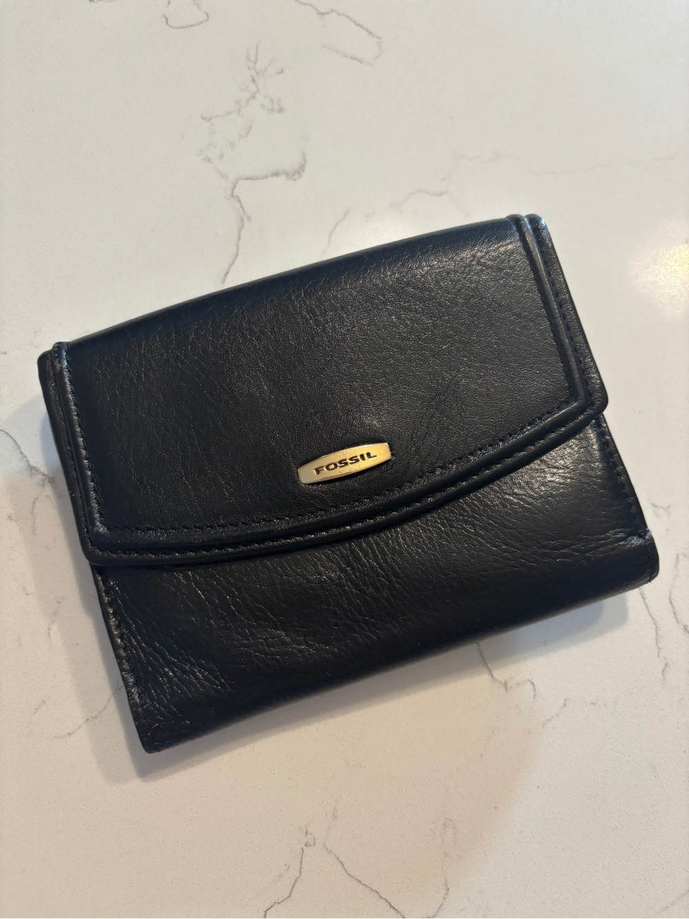 Fossil Black Leather Fold Wallet with Gold Logo